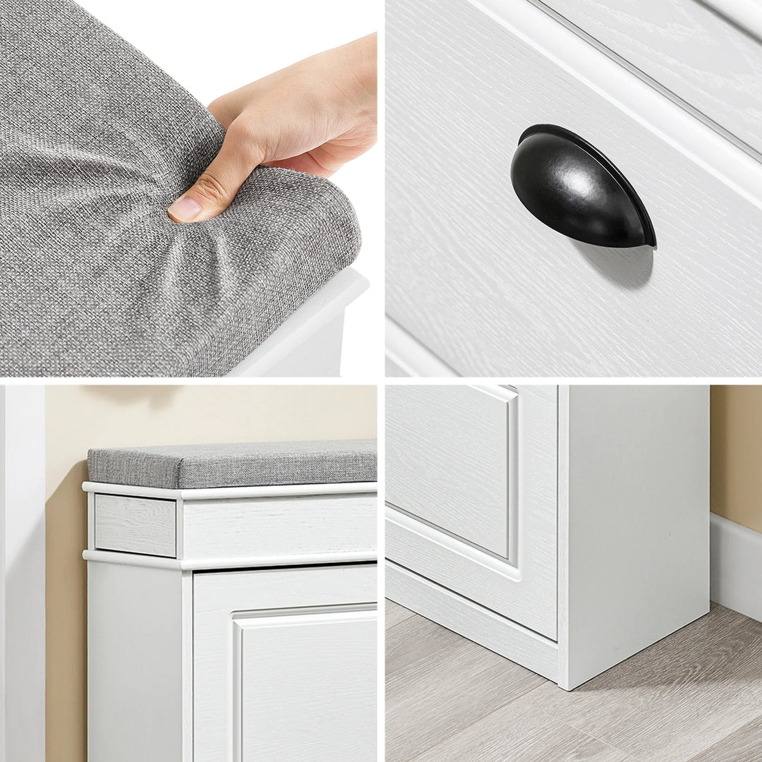 Elegant og pladsbesparende skobænk med sæde i hvid vintage-træ-effekt (104 x 51 x 24 cm)