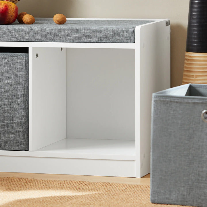Bænk med kasser til opbevaring, hvid og grå, 68 x 32 x 45 cm