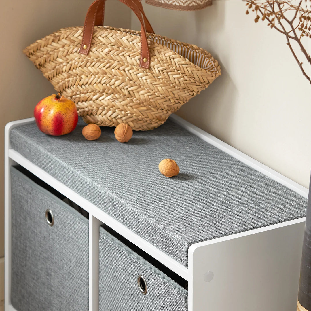 Bænk med kasser til opbevaring, hvid og grå, 68 x 32 x 45 cm