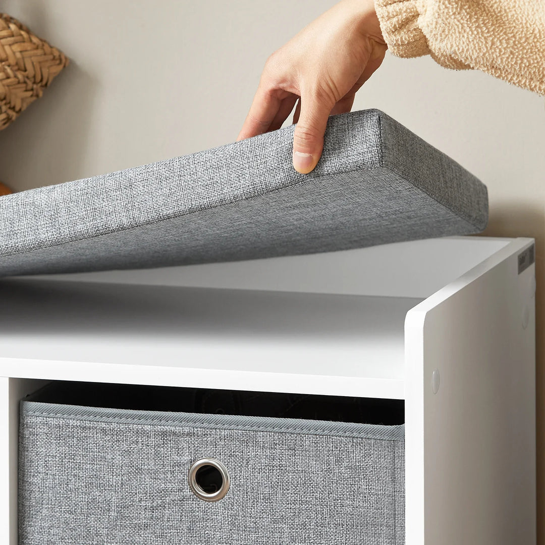 Bænk med kasser til opbevaring, hvid og grå, 68 x 32 x 45 cm