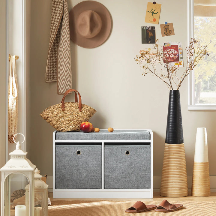 Bænk med kasser til opbevaring, hvid og grå, 68 x 32 x 45 cm