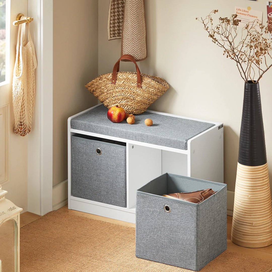 Bænk med kasser til opbevaring, hvid og grå, 68 x 32 x 45 cm