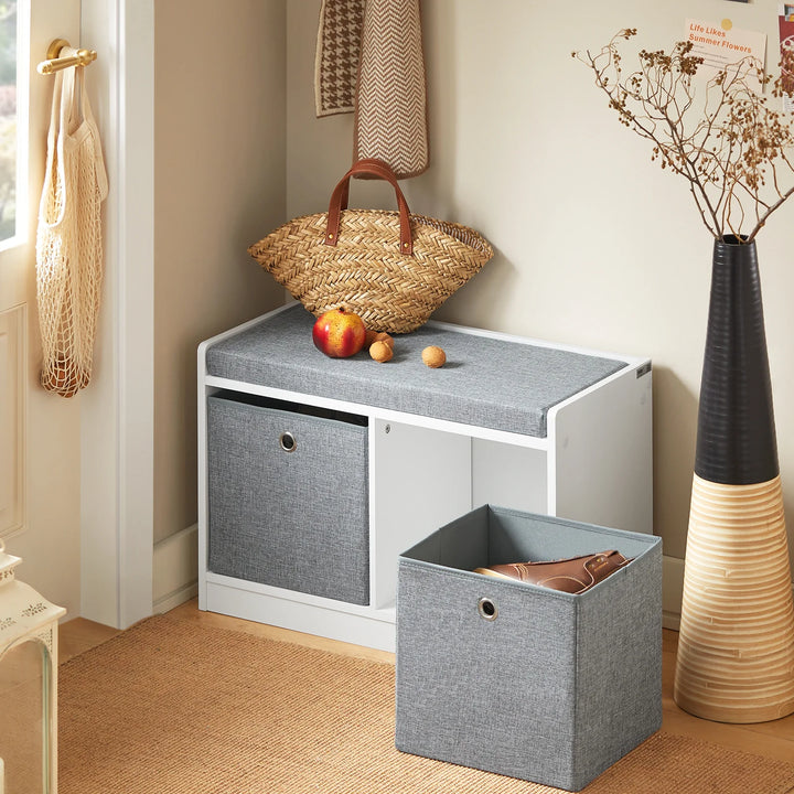 Bænk med kasser til opbevaring, hvid og grå, 68 x 32 x 45 cm