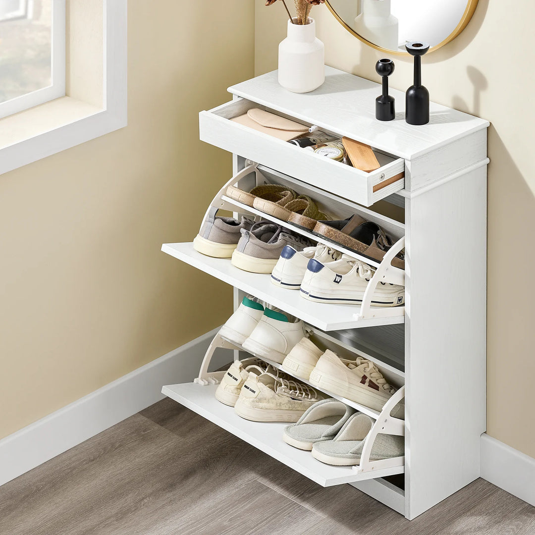 Elegant og pladsbesparende skoskab i hvid vintage-træ-effekt (54 x 82 x 24 cm)