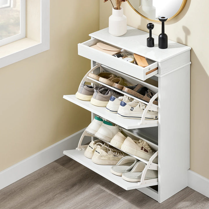 Elegant og pladsbesparende skoskab i hvid vintage-træ-effekt (54 x 82 x 24 cm)