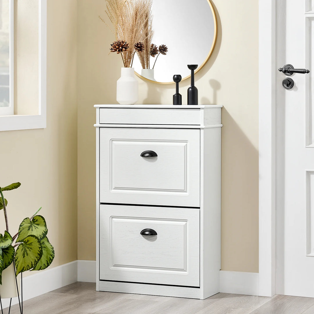 Elegant og pladsbesparende skoskab i hvid vintage-træ-effekt (54 x 82 x 24 cm)