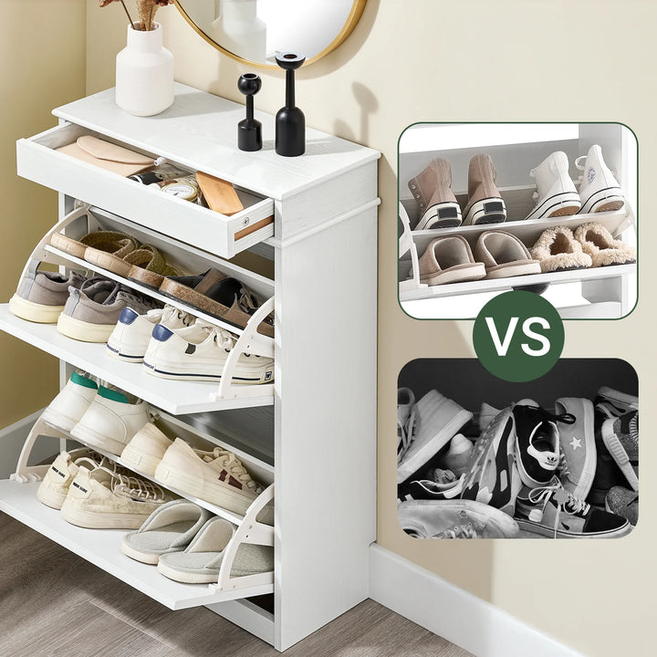 Elegant og pladsbesparende skoskab i hvid vintage-træ-effekt (54 x 82 x 24 cm)