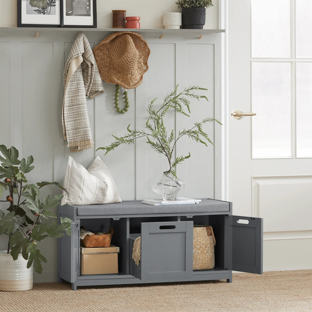 Moderne skobænk med 3 opbevaringsrum, 35 x 90 x 45 cm, grå