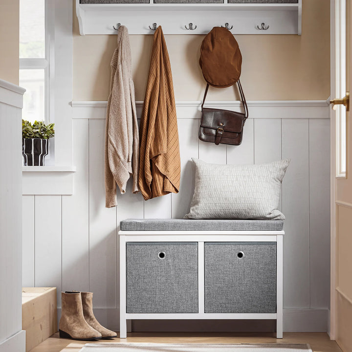 Skobænk med 2 opbevaringskurve, hvid og grå