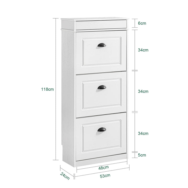 Stilfuldt, smalt skoskab i hvid vintage-træ-effekt (53 x 118 x 24 cm)