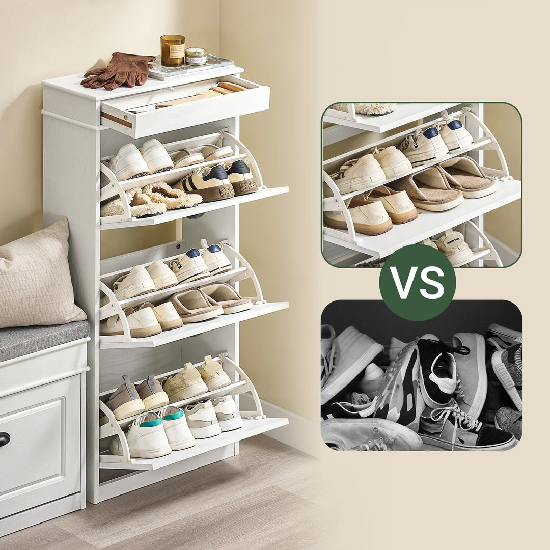 Stilfuldt, smalt skoskab i hvid vintage-træ-effekt (53 x 118 x 24 cm)