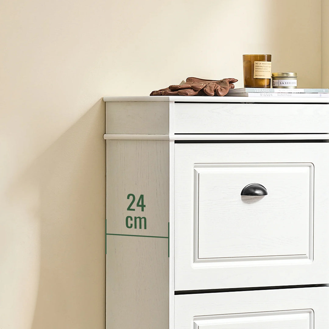 Stilfuldt, smalt skoskab i hvid vintage-træ-effekt (53 x 118 x 24 cm)