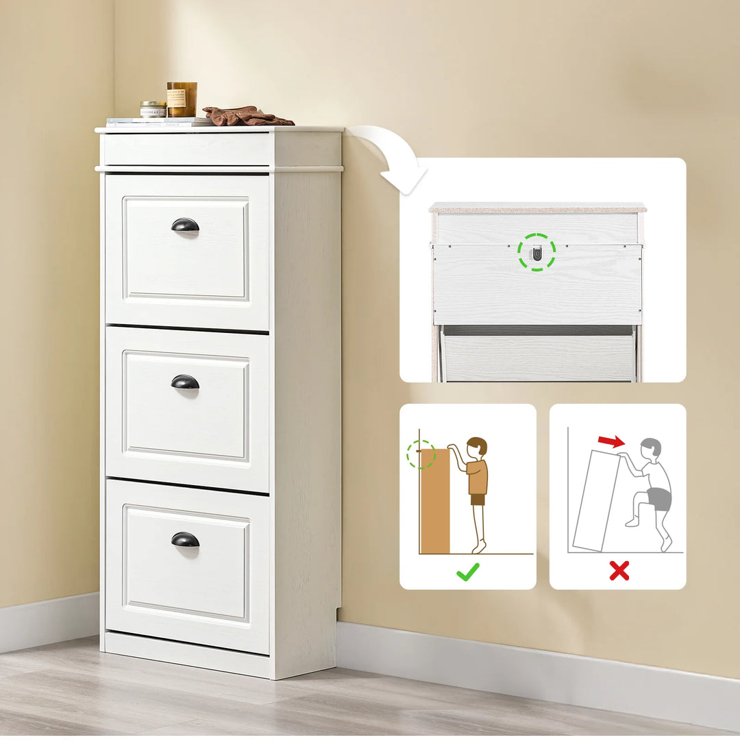 Stilfuldt, smalt skoskab i hvid vintage-træ-effekt (53 x 118 x 24 cm)