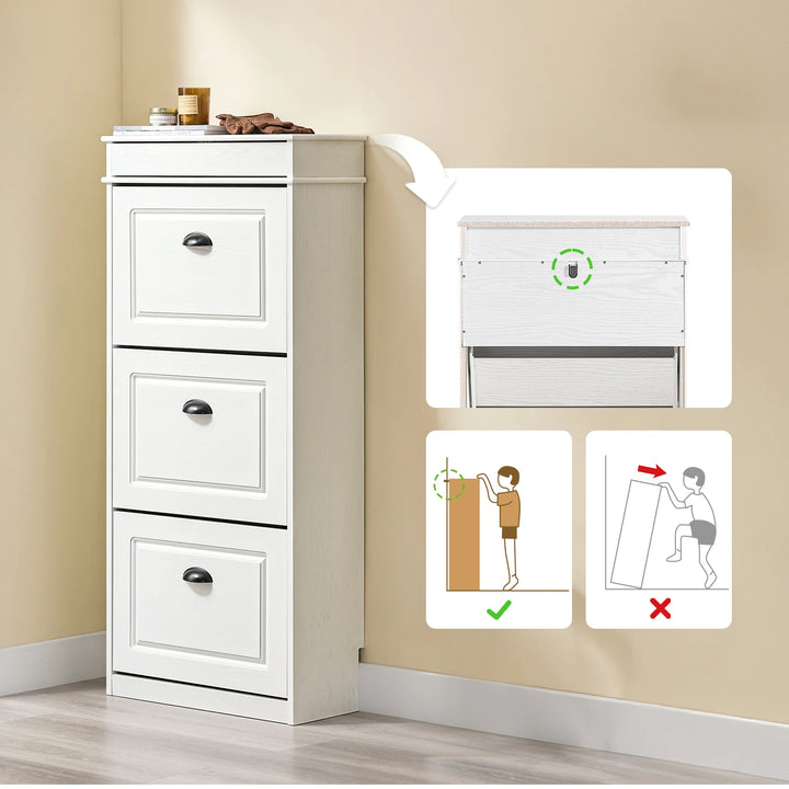 Stilfuldt, smalt skoskab i hvid vintage-træ-effekt (53 x 118 x 24 cm)