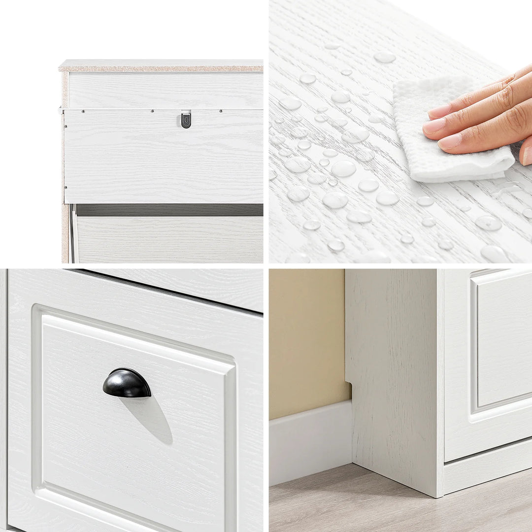 Stilfuldt, smalt skoskab i hvid vintage-træ-effekt (53 x 118 x 24 cm)