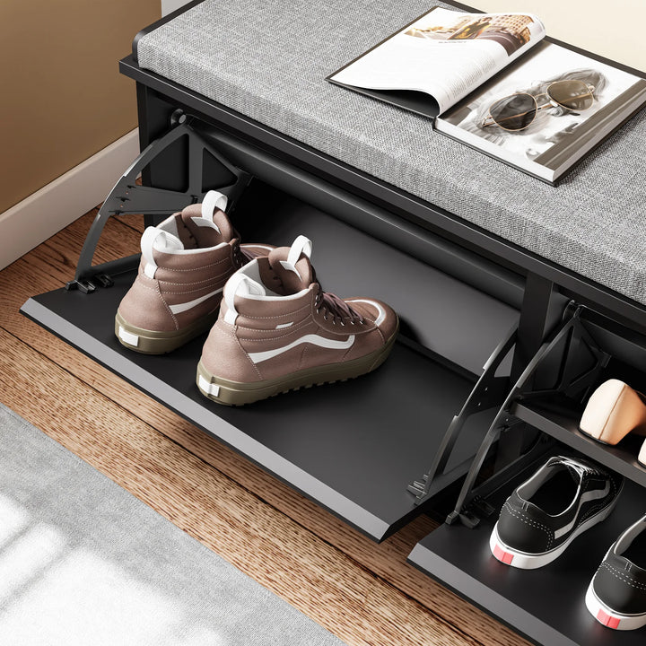 Skobænk med opbevaring og pude, sort – 100 x 46 x 26 cm, kan bære op til 158 kg.