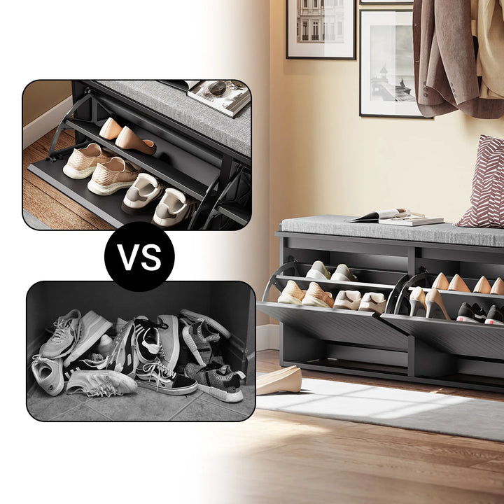 Skobænk med opbevaring og pude, sort – 100 x 46 x 26 cm, kan bære op til 158 kg.