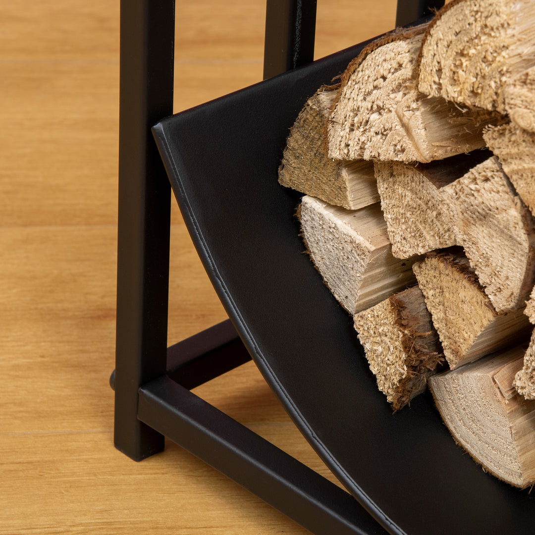 Brændehylde, træ- og bjørnescene, metalstruktur, hævet base, 42x33,5x43 cm, sort