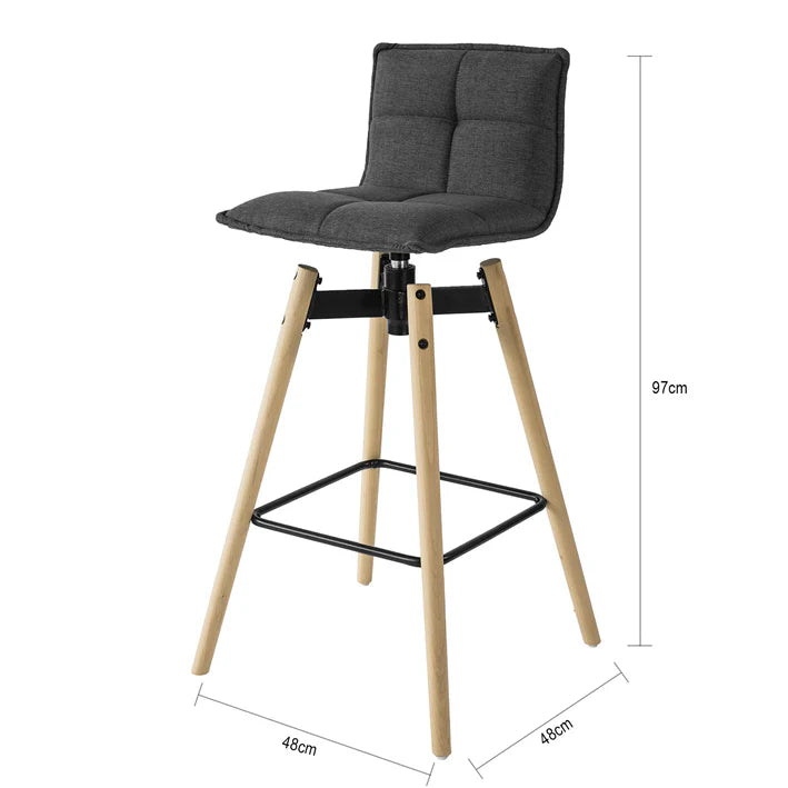 Moderne barstol med grå hynde, ben i bøgetræ, B38 x D36 x H98 cm