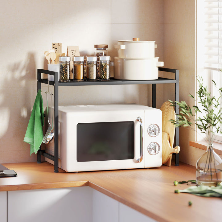 Mikrobølgeovnshylde, 3 kroge, udtrækkelig, metal, 40 cm høj, sort