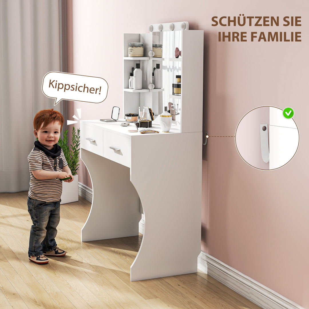 Toiletbord med spejl og dæmpbare led-lys, skuffer, hylder, hvid