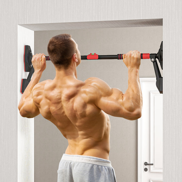 Pull-up bar, justerbar 81-107 cm, vaterpas, 6-punkts støtte, metal, sort/rød