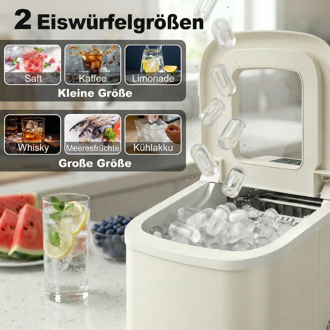 Bærbar isterningmaskine med selvrensende funktion, isske og kurv, 12 kg/24 timer, beige