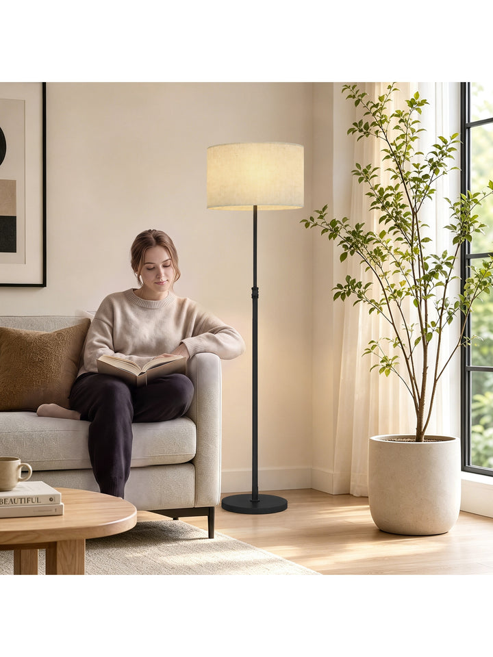 Dæmpbar gulvlampe med linnedskærm, E27, højdejusterbar, sort