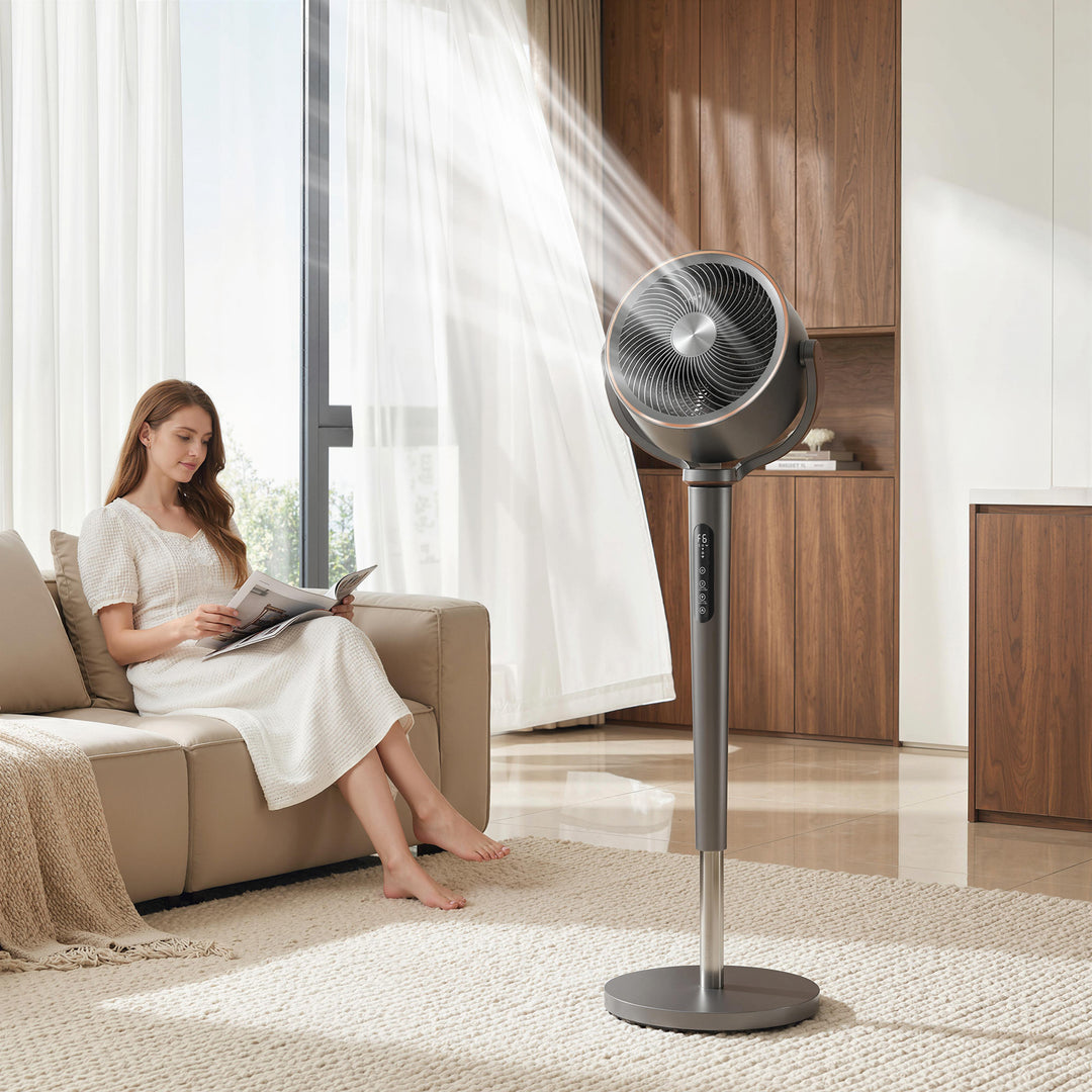 Sokkelventilator, luftcirkulator, ventilator med 12 hastighedsindstillinger, LED-display, fjernbetjening, 70°+90° oscillation, grå