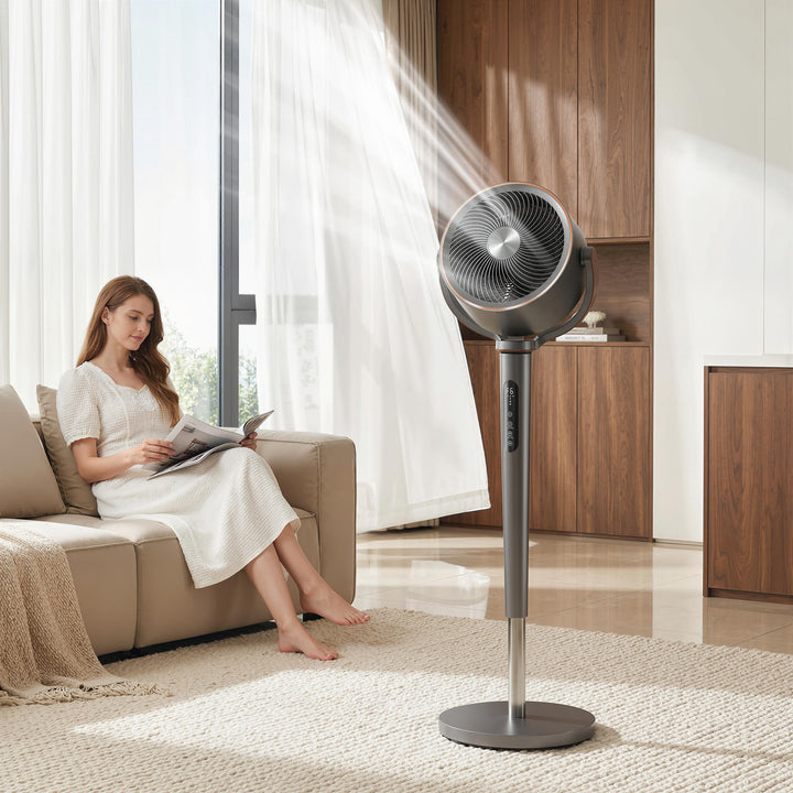 Sokkelventilator, luftcirkulator, ventilator med 12 hastighedsindstillinger, LED-display, fjernbetjening, 70°+90° oscillation, grå