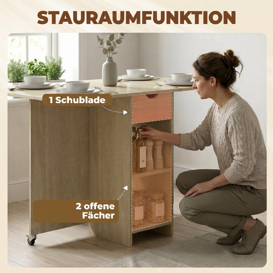 Sammenklappeligt spisebord til 2-4 personer, rullebord med åbent rum og skuffe, ideelt til små rum, naturfarvet