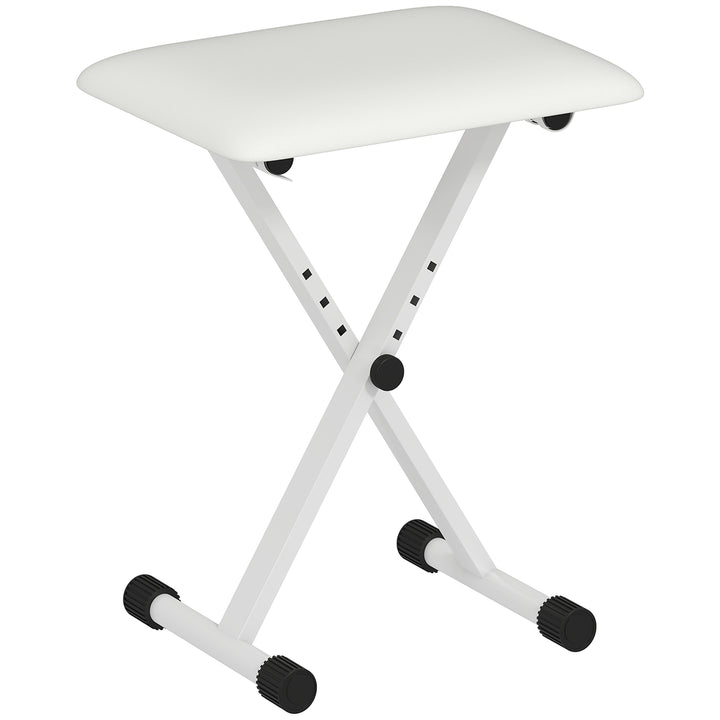 Klaverstol, højdejusterbar, foldbar X-formet klaverbænk med kunstlæderhynde, 39 x 29 x 37-47 cm, hvid
