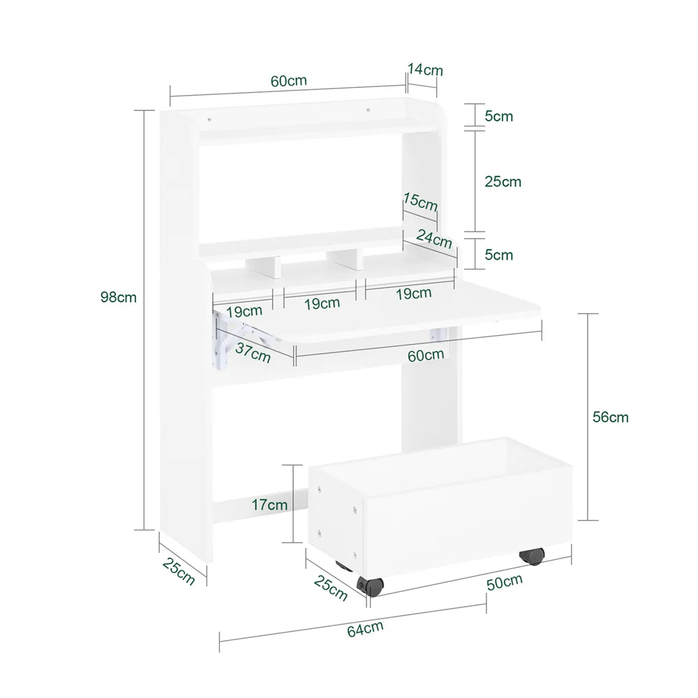 Foldbart skrivebord, god til små rum, L64xB20xH82 cm, hvid