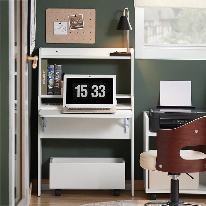 Klapbart skrivebord med reol og rullevogn, 64 × 100,6 × 63 cm, hvid