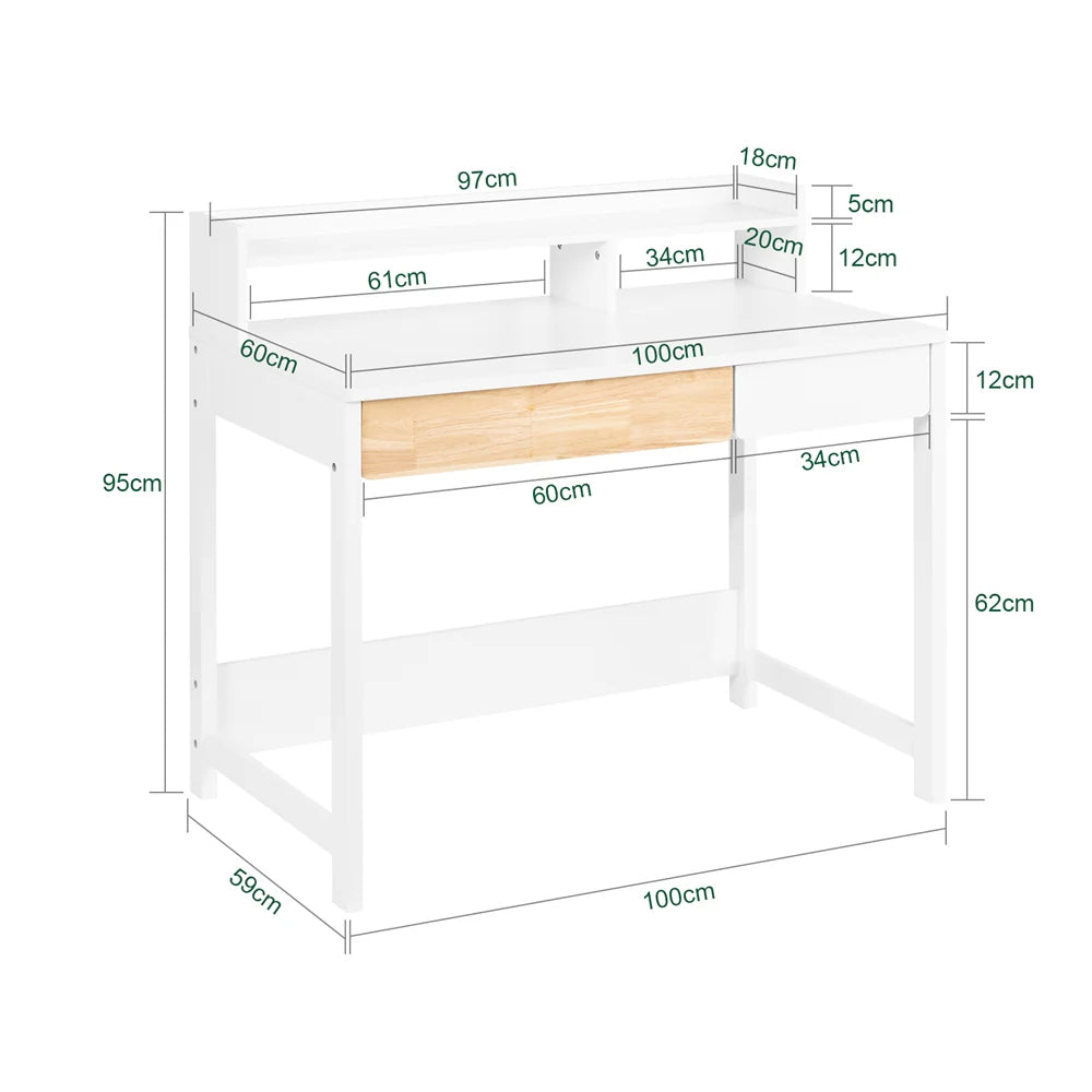 Stilfuldt skrivebord i skandi-stil med indbygget monitorstativ,  L100xB60xH95 cm, hvid