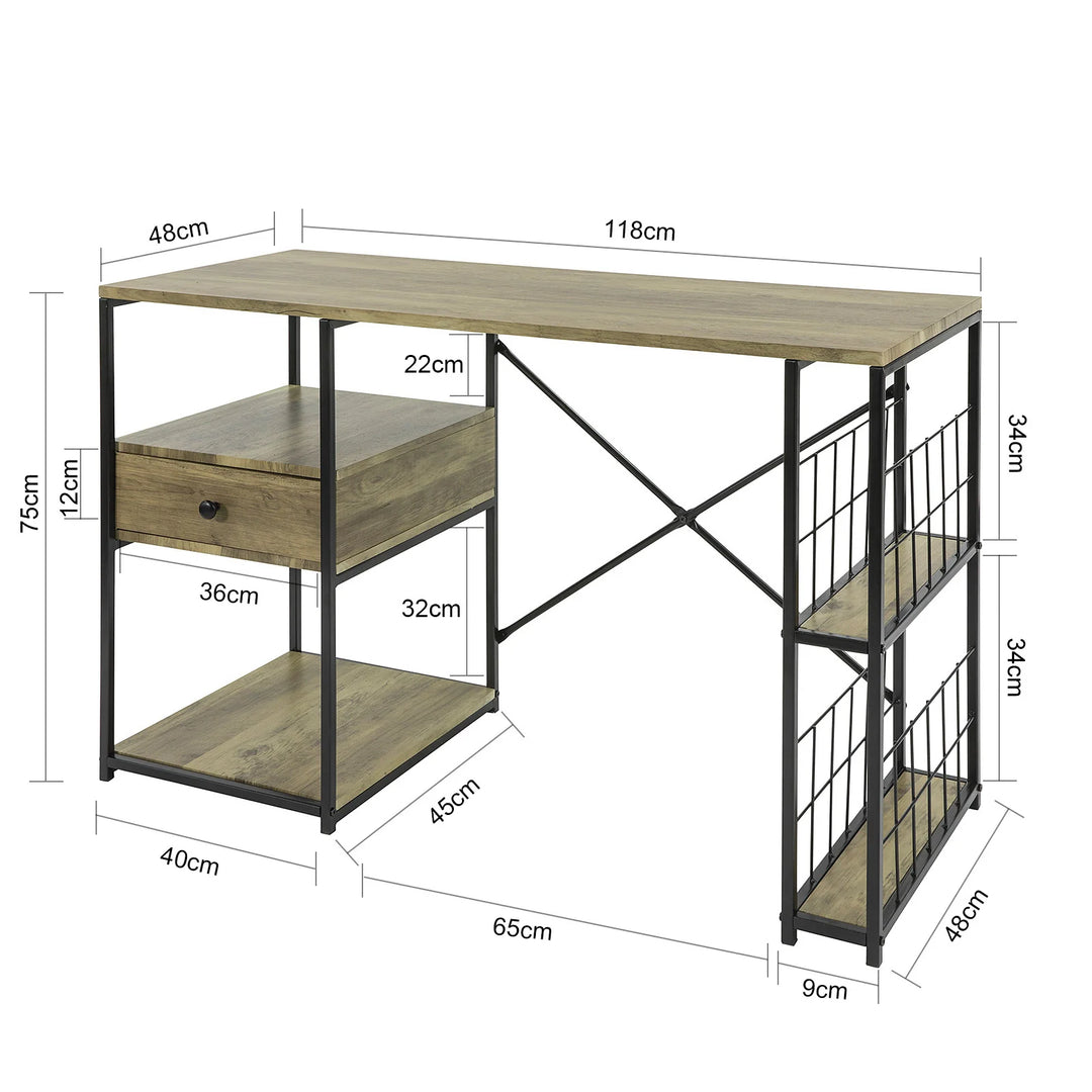 Skrivebord med skuffe og hylder, industrielt look, B118 x D48 x H75 cm, naturfarvet