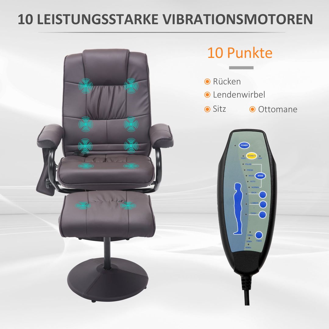 Massagestol med lænestol, inklusive fodskammel, 10 vibrationspunkter, 1 fjernbetjening; 77 cm x 84 cm x 95 cm, brun