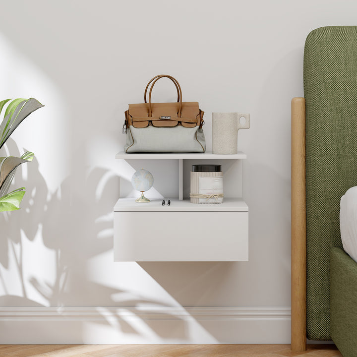 Ophængt natbord med skuffe og åbent rum, hvid, 40 x 35 x 32 cm