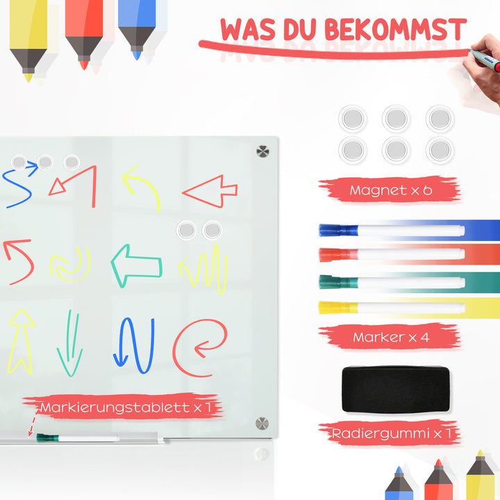 Glas whiteboard, memoboard, whiteboard, 4 penne, 6 magneter, 1 svamp, 1 bakke, hvid