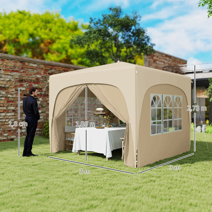 3 x 3 m pavillon, pop-up havetelt med sidevægge og bæretaske, UPF50+, højdejusterbar, sand
