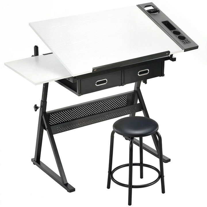 Højdejusterbart tegnebord, arbejdsbord med skammel og skuffer, hvid