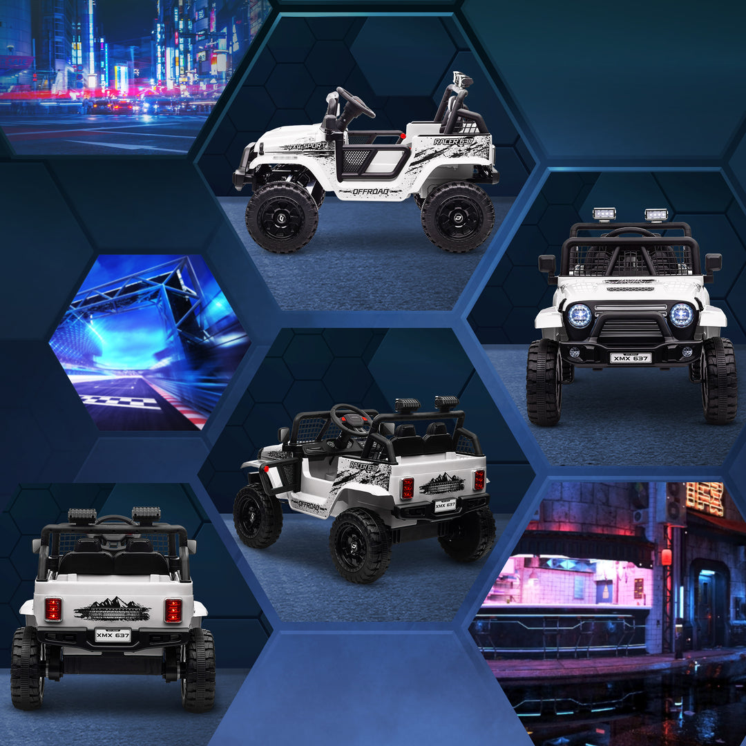 Elbil til børn med blød affjedring, fjernbetjening, led-lys, horn, 12v motorer, lavet af plast og metal, hvid