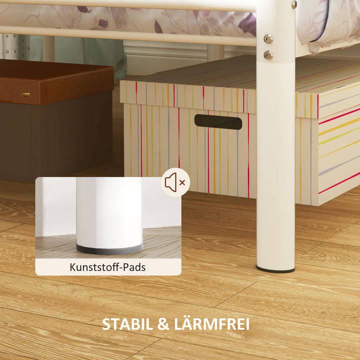 Enkeltsengestel med høj hovedgærde, nem montering, opbevaring under sengen, stål, hvid