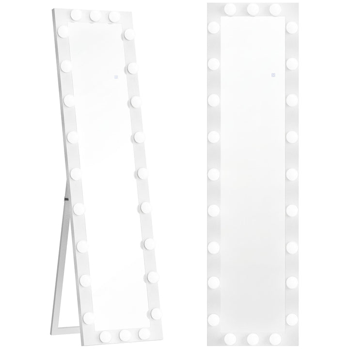 Helfigursspejl 150x40 cm LED-spejl med 24 lyspærer, 3 lysfarver, fritstående eller lænende, hvid
