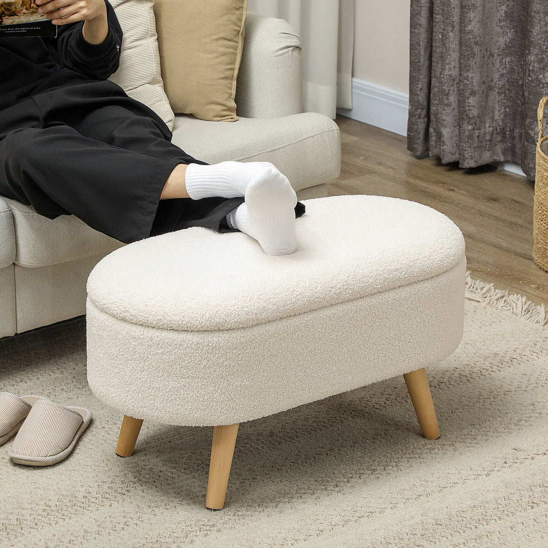 Bænk med opbevaring og låg, fodskammel til entré, stue, soveværelse, træ, stofbetræk, hvid