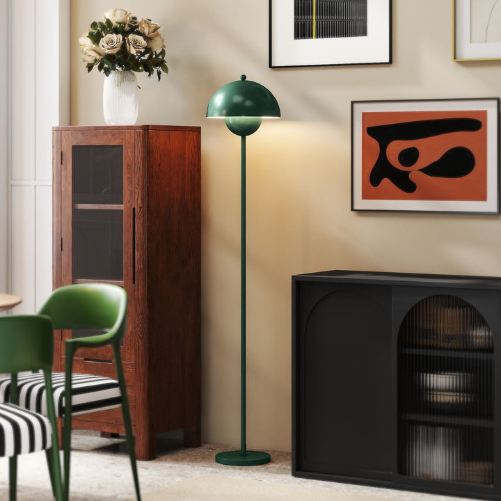 Gulvlampe, rund skærm, fodkontakt, lang kabel, elegant look, stål, grøn