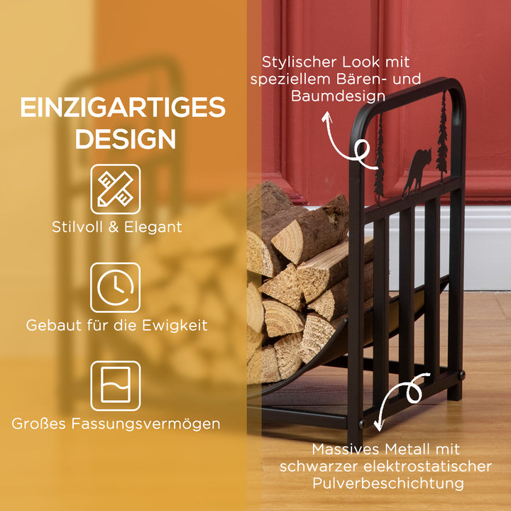Brændehylde, træ- og bjørnescene, metalstruktur, hævet base, 42x33,5x43 cm, sort