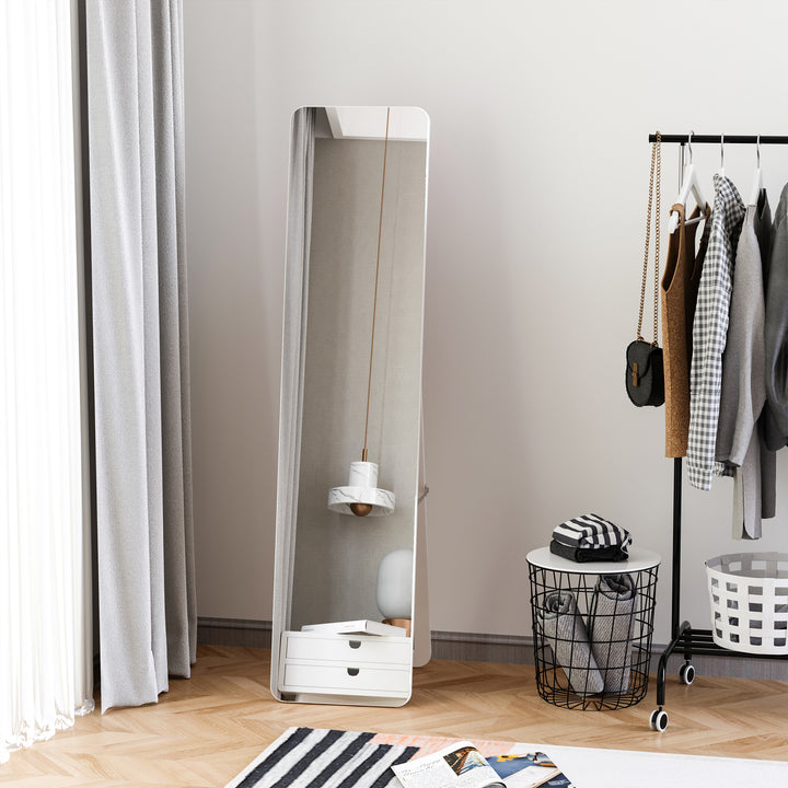 Stående spejl i fuld længde med folderamme, makeupspejl, fritstående eller vægmonteret, stabilt til stue eller påklædningsværelse, fyrretræ, mdf, hvid, 37 x 43 x 156 cm