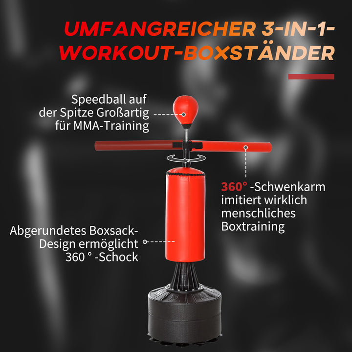 Stående boksesæk boksetræningsredskab med refleksbold, 360° roterende stang, sugekopbase, sand-/vandfyldbar, stående bokseassistent med handsker, luftpumpetræningsboksesæk 88 x 48 x 155-205 cm