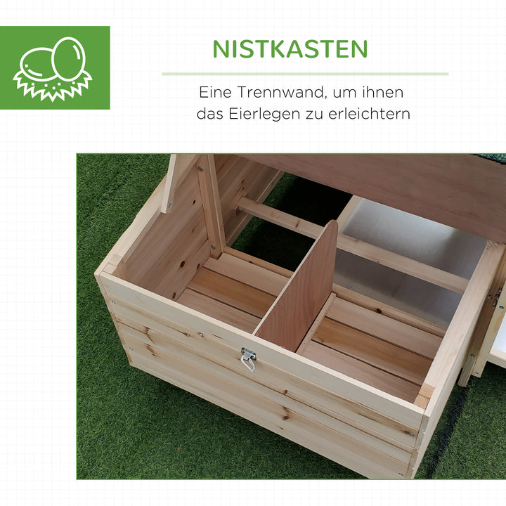 Hønsehus til bantamhøns, 196 x 76 x 97 cm, vejrbestandigt, med redekasse, løbegård og siddestang; træbur til smådyr til 1-2 høns, naturlig finish